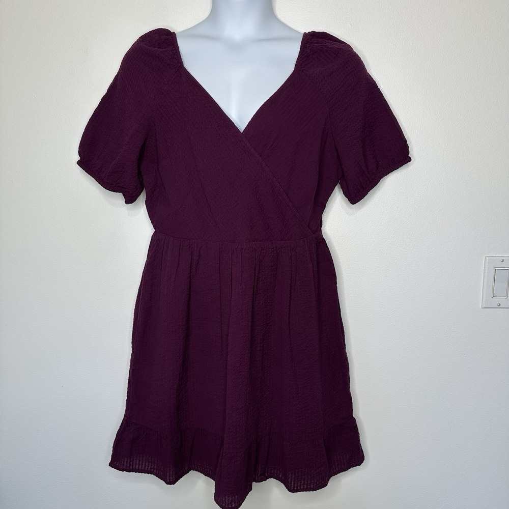 Loft Faux Wrap Dress Size 14 Purple Puff Sleeve Cotton Gauzy Beach‎